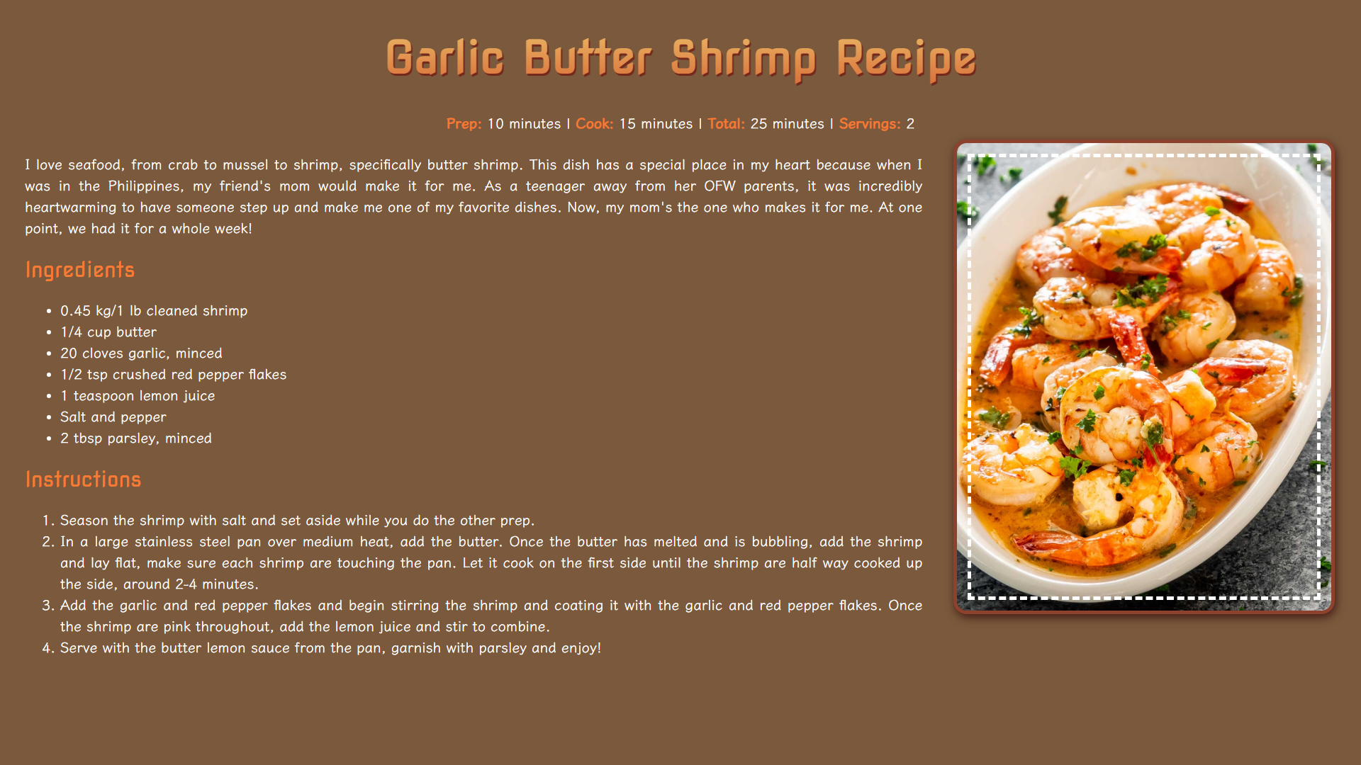 webpage of a garlic butter shrimp recipe